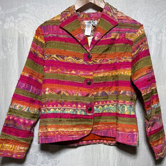 Vintage Jackets & Blazers - VTG Coldwater Creek Jacket Small PETITE Pink Orange NEW Stripe Applique Artsy